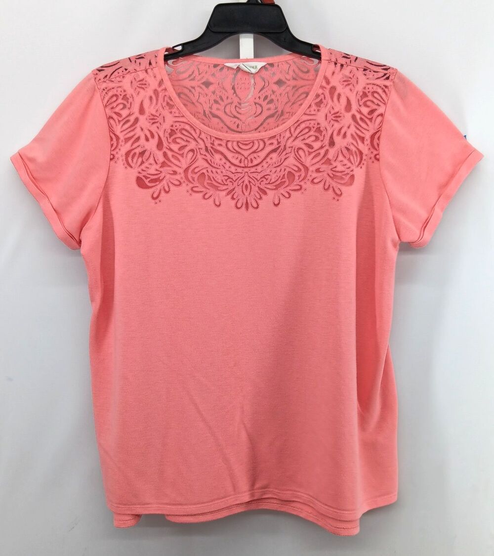Wonder Shirt Womens Plus Size 2XL Coral Short Sleeve Perforated Mesh Neckline